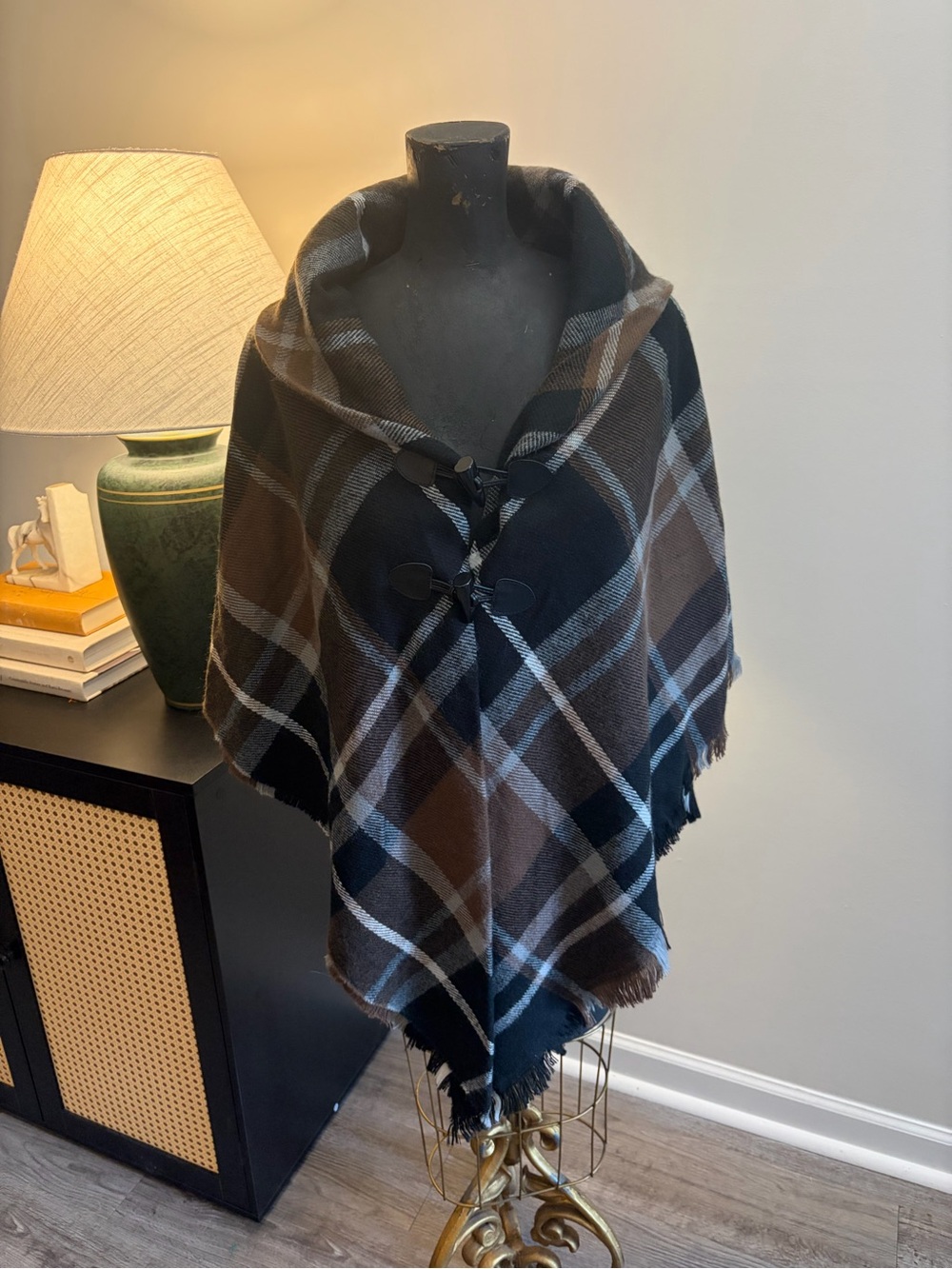 St. John’s Bay Equestrian Black & Brown Plaid Flannel Fireside Poncho Shawl OS